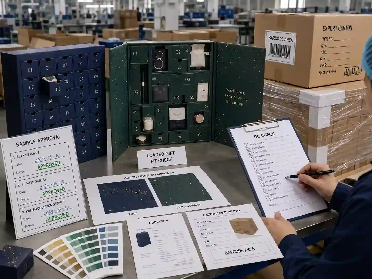 QC and export packing scene for corporate gift advent calendar boxes with sample approval notes and shipping cartons