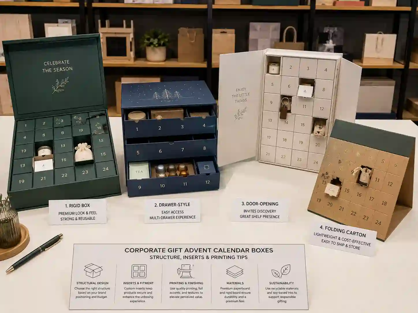 Finished corporate gift advent calendar box samples comparing rigid, drawer, door-opening, and folding carton structures with generic gift items.