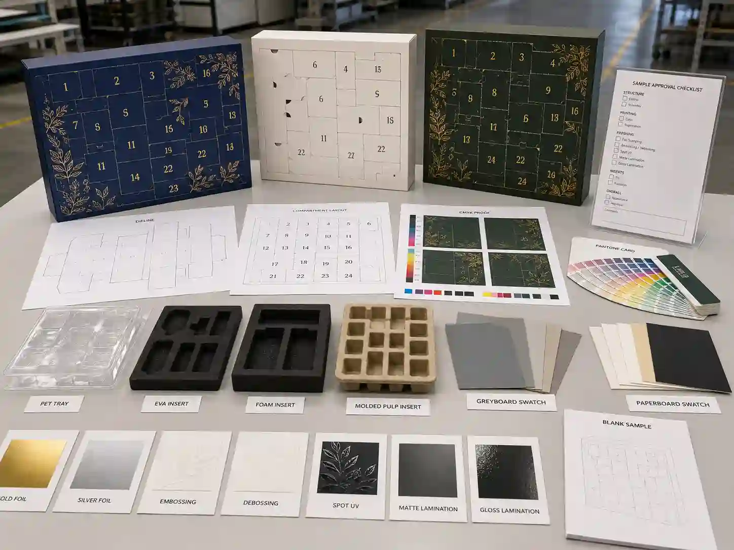 Factory development table for corporate gift advent calendar boxes with dielines, insert samples, material swatches, and printing proofs.