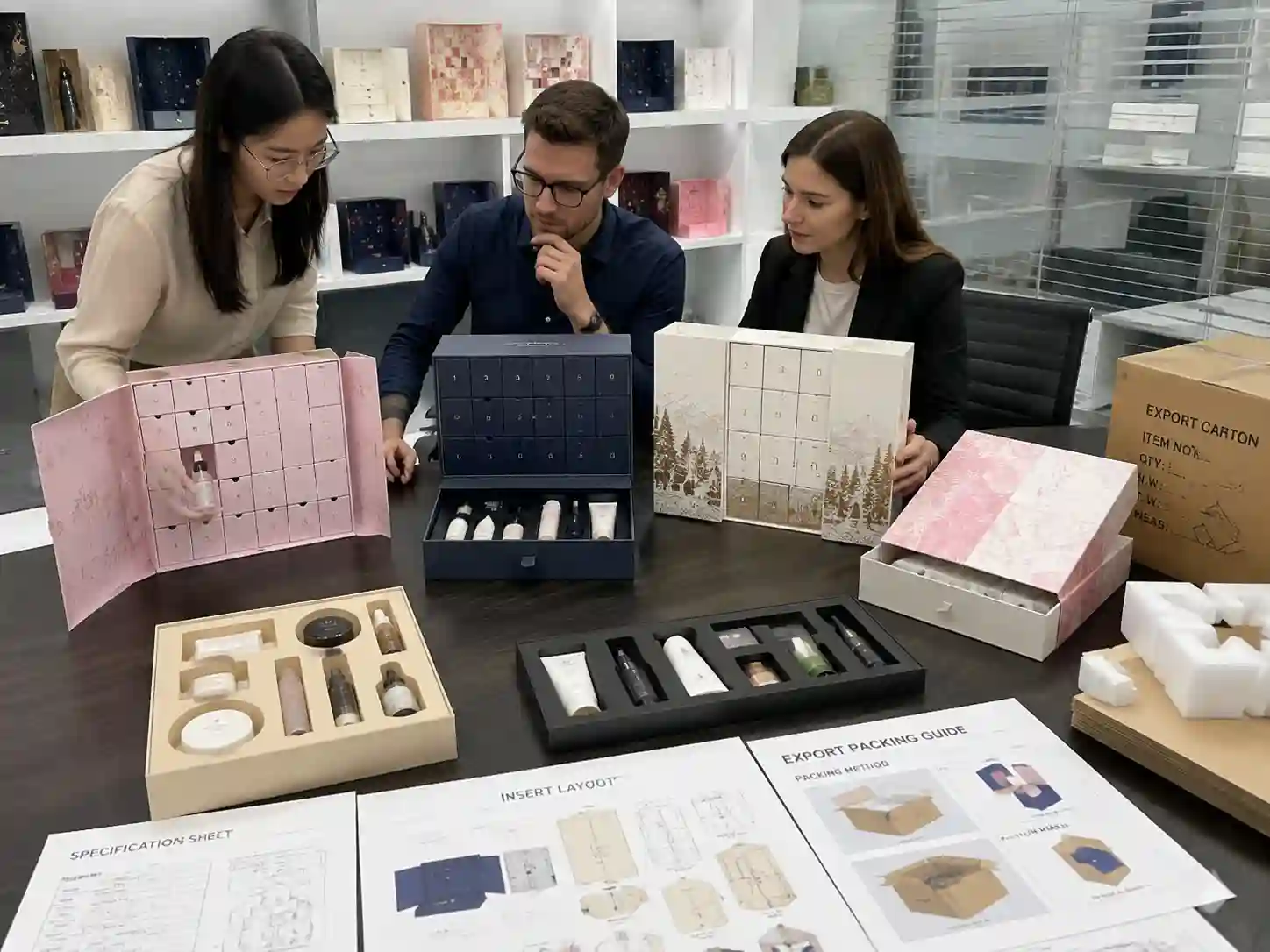 B2B buyers comparing cosmetic advent calendar box structures and export packing solutions with inserts and samples