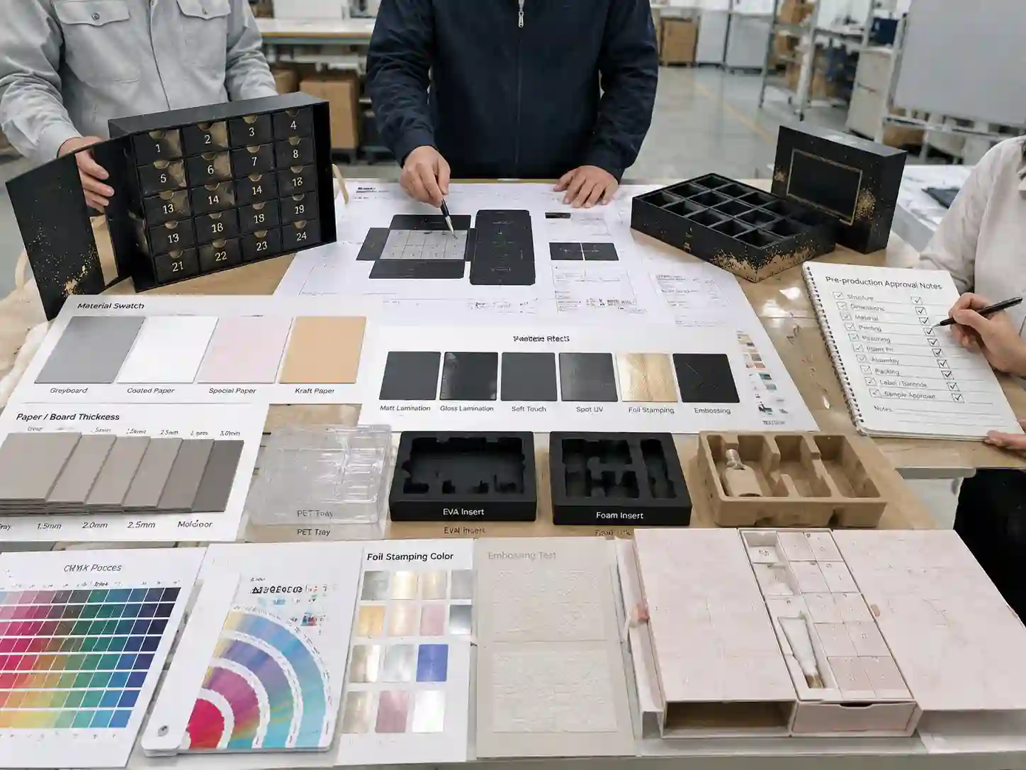 Packaging engineers reviewing cosmetic advent calendar box materials, inserts, dielines, and production samples