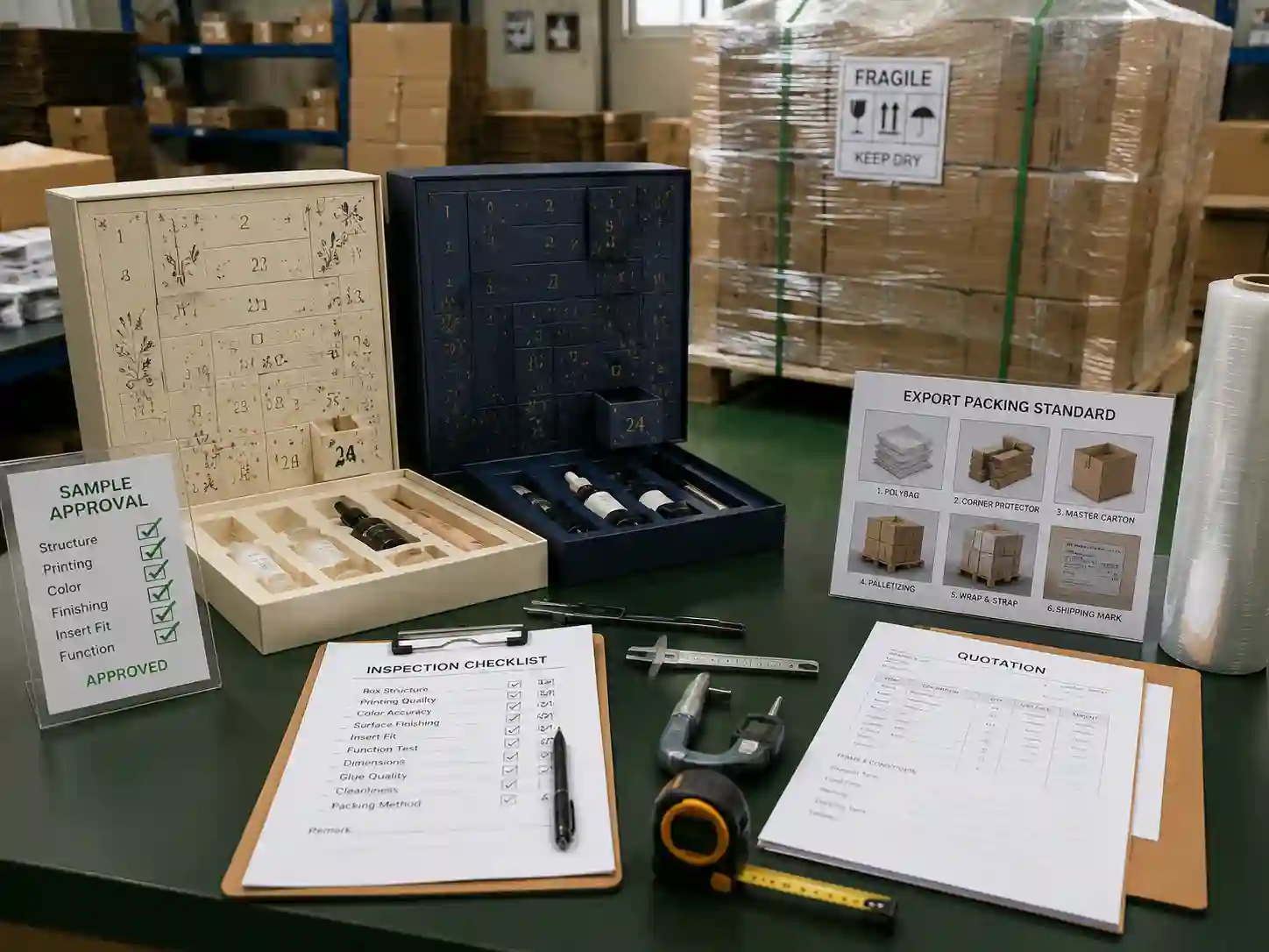 Quality control and export packing preparation for cosmetic advent calendar boxes before international shipment