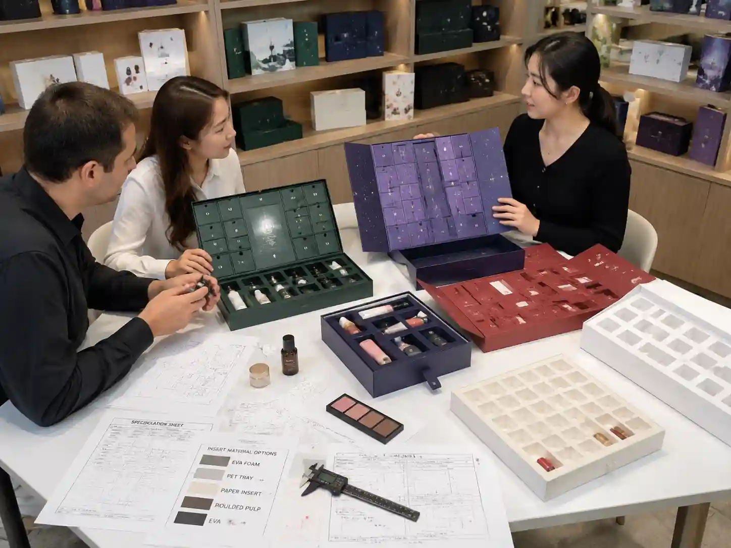 B2B buyers comparing cosmetic advent calendar boxes with customized insert designs and compartment layouts