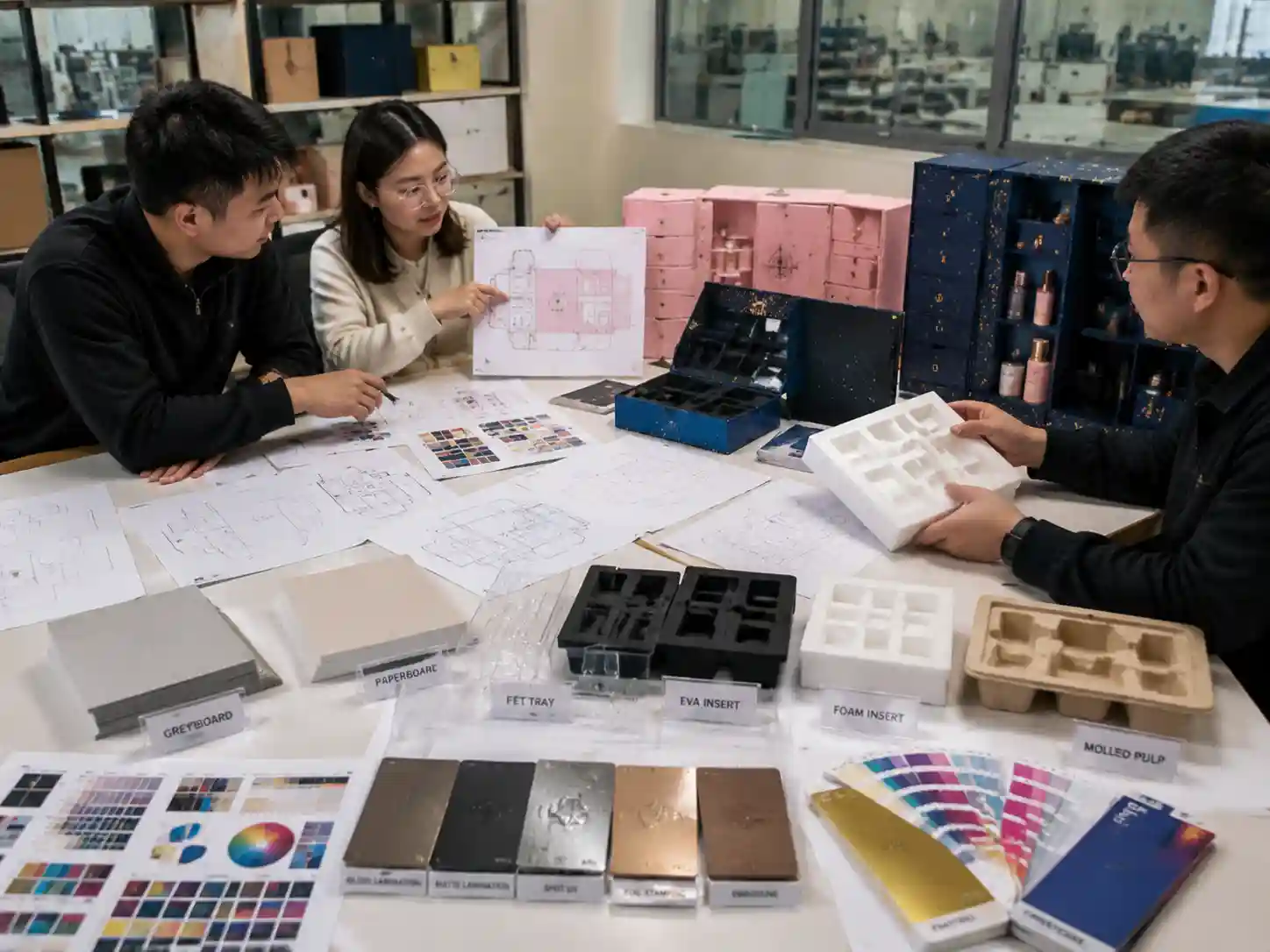 Packaging engineers developing cosmetic advent calendar box inserts with materials, dielines, and prototypes