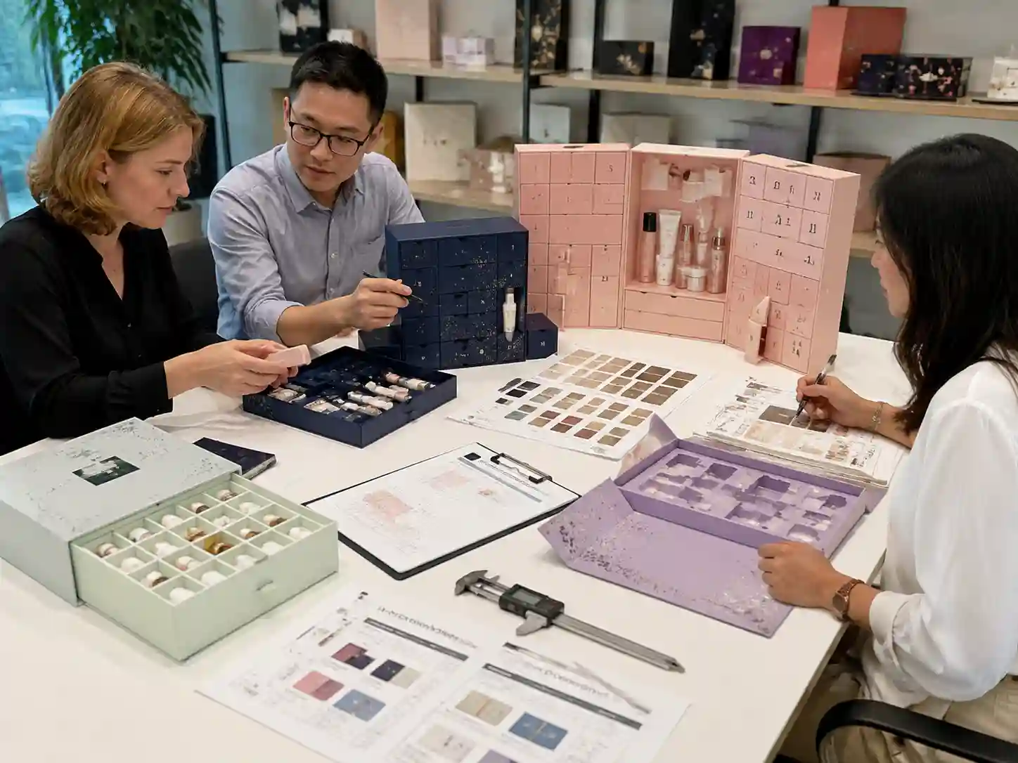 B2B buyers comparing cosmetic advent calendar box structures and insert solutions for MOQ and cost planning