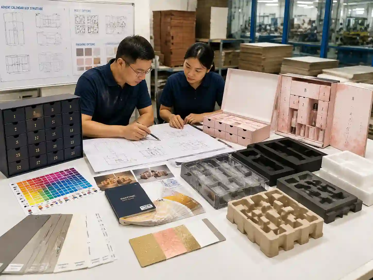Packaging engineers developing cosmetic advent calendar boxes with dielines, inserts, materials, and artwork samples