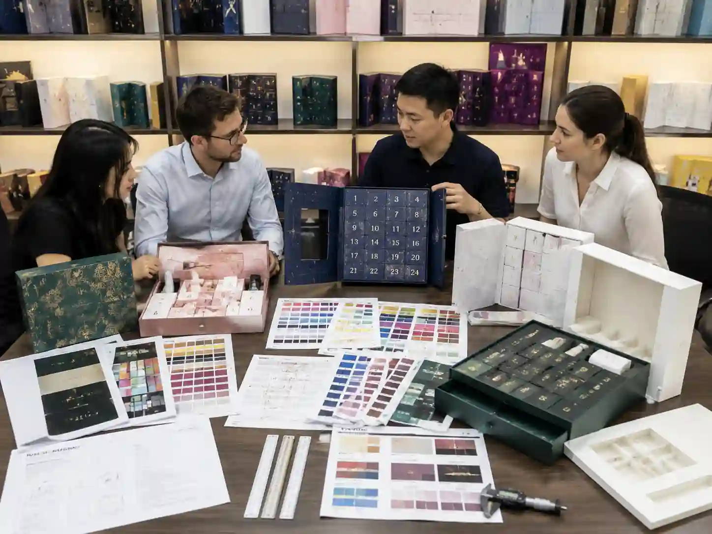 B2B buyers comparing cosmetic advent calendar box printing options with different structures and finishes