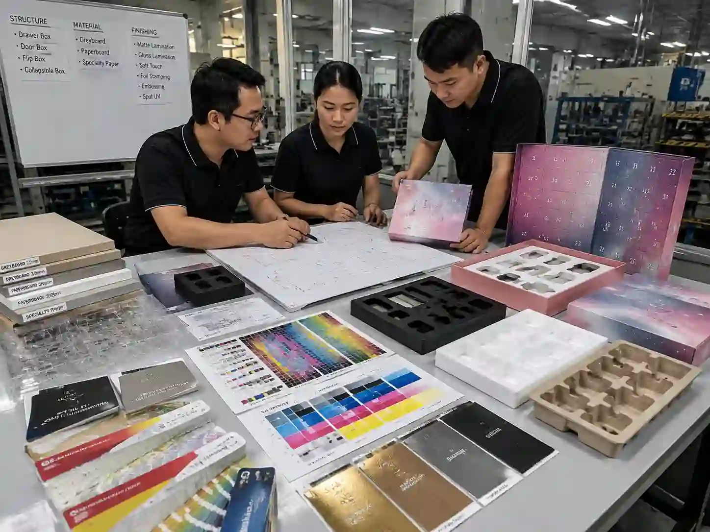 Packaging engineers reviewing printing proofs and material options for cosmetic advent calendar boxes