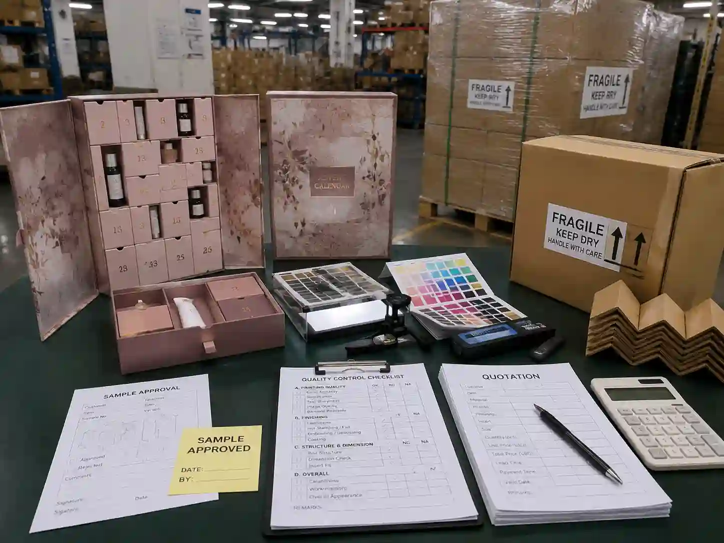 Quality control and export packing preparation for printed cosmetic advent calendar boxes