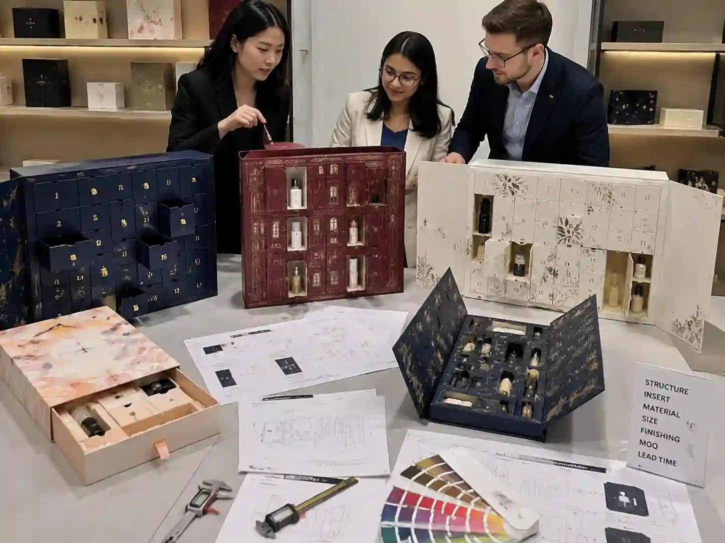 B2B cosmetic advent calendar box structure comparison with rigid drawer and door-opening packaging samples