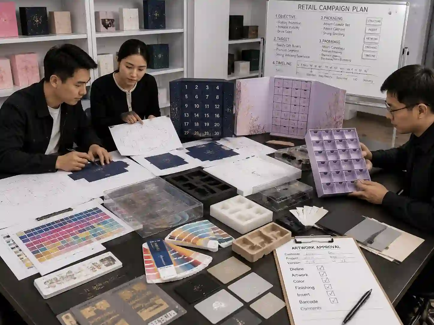 Packaging engineers planning cosmetic advent calendar box materials inserts and prototype development