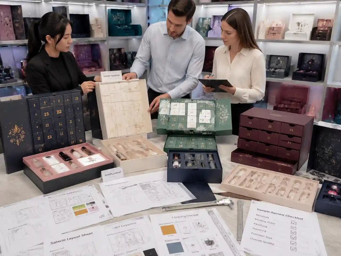 Cosmetic advent calendar boxes sampling process with structure and insert sample comparison for B2B buyers