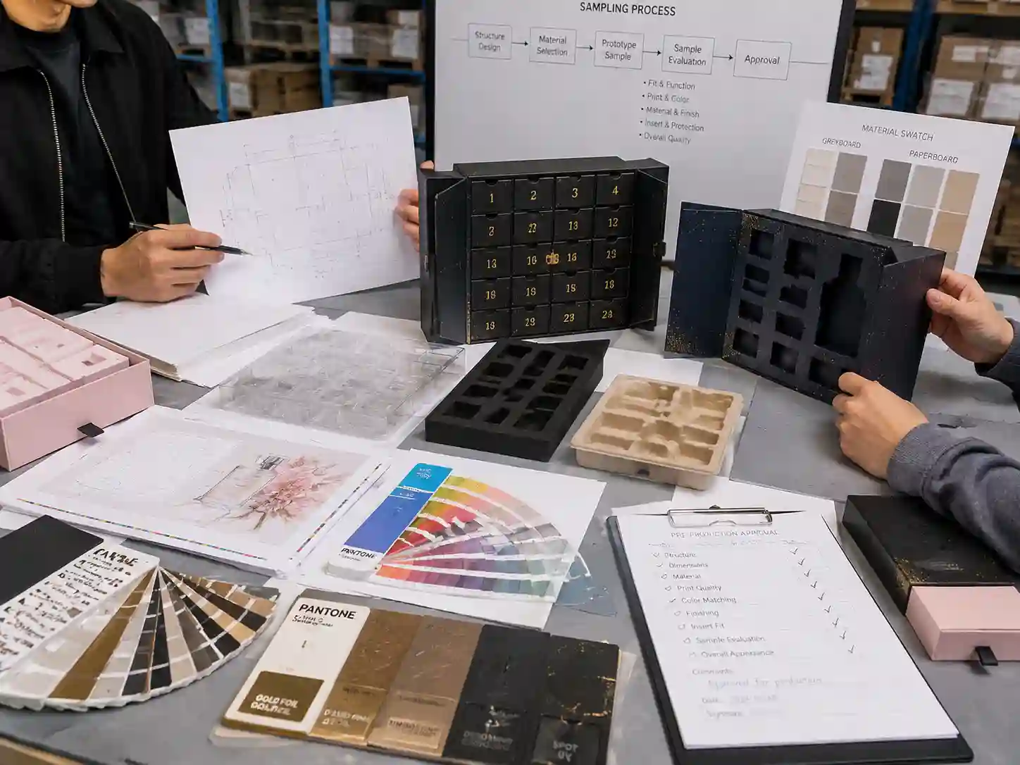 Cosmetic advent calendar boxes sampling development with dielines materials inserts and artwork review