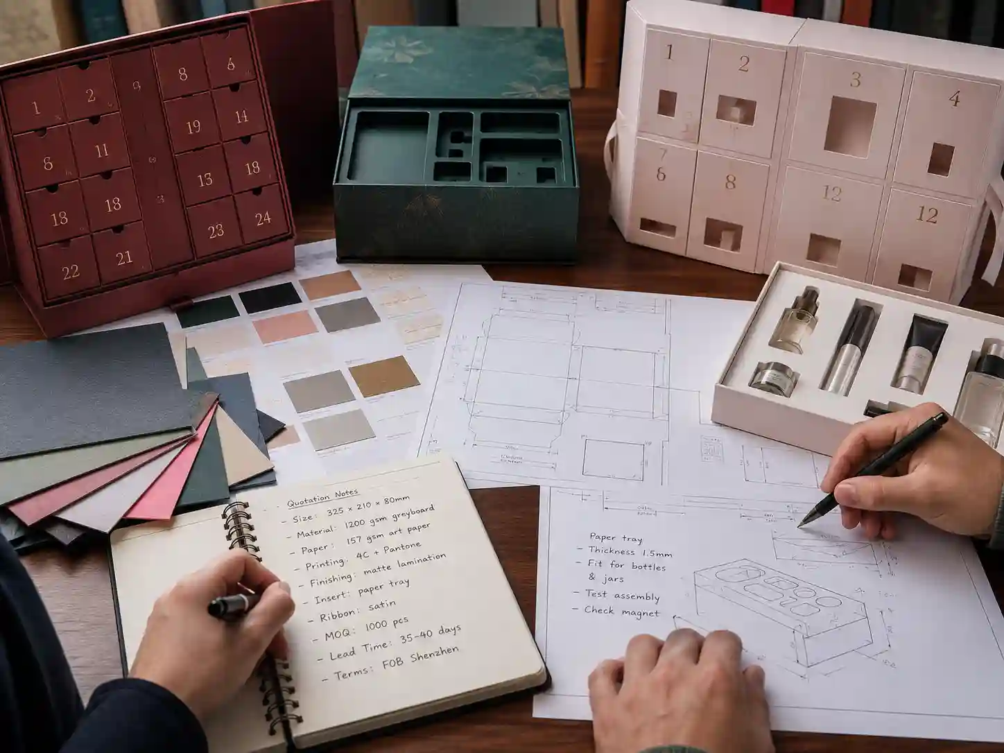 Cosmetic advent calendar boxes structure discussion with quotation notes and sample packaging at a China factory