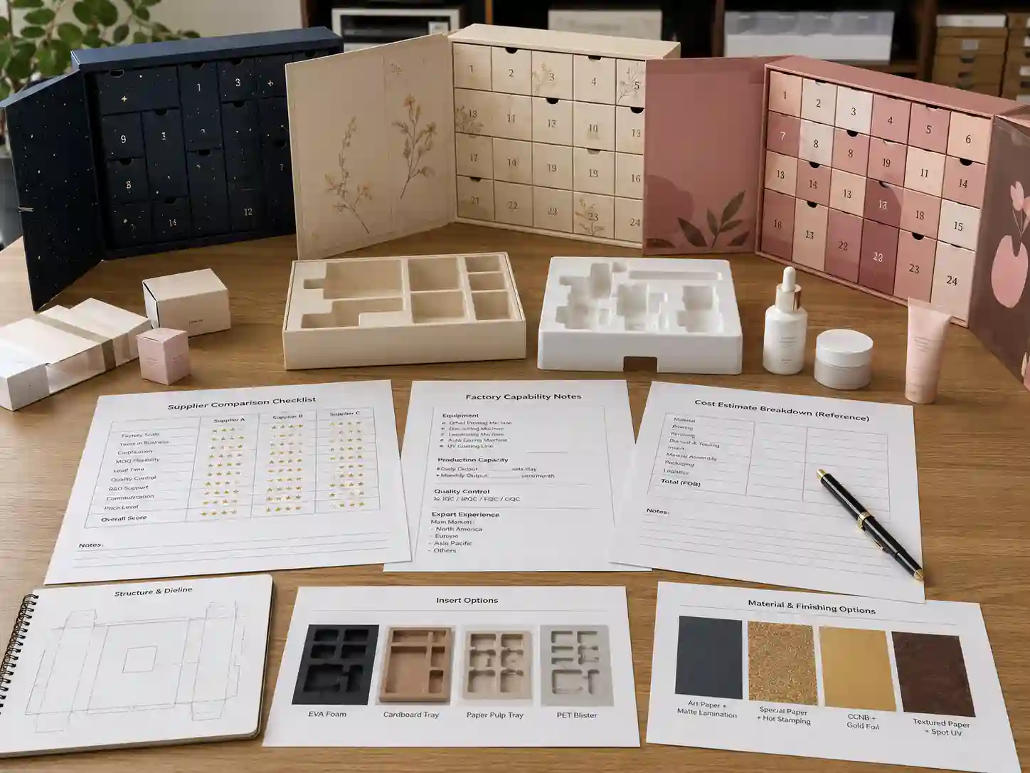 Supplier comparison desk for cosmetic advent calendar box customization and production planning