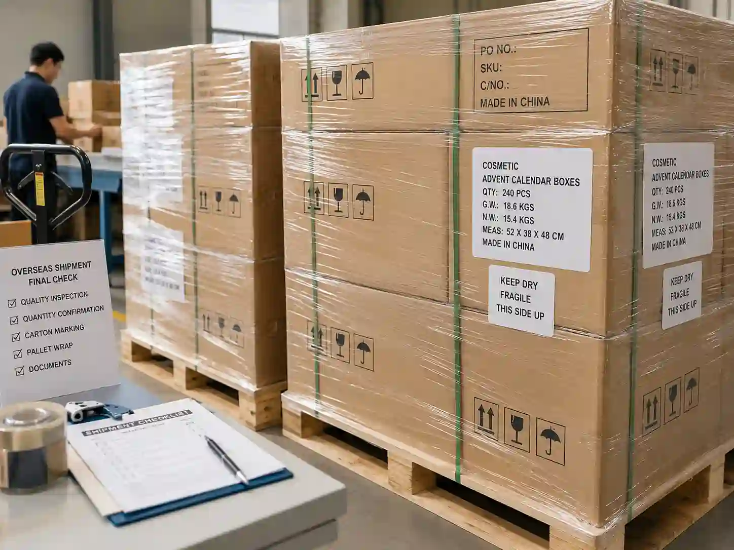 Export pallet preparation for cosmetic advent calendar boxes ready for overseas shipment