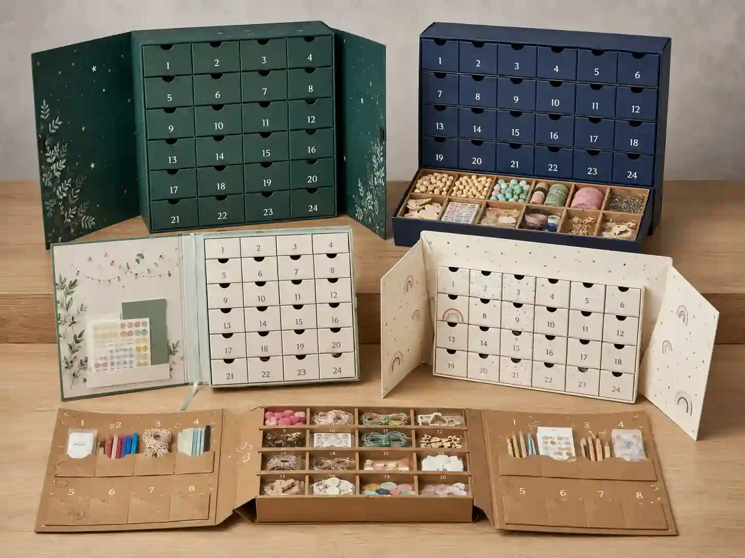 Finished craft kit advent calendar boxes comparing door-opening, drawer, book-style, folding carton, and fold-out structures with craft items in compartments