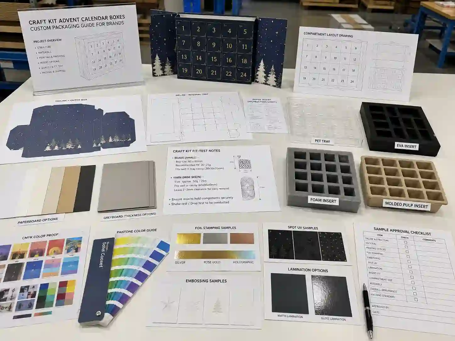 Craft kit advent calendar packaging development table with dielines, material swatches, insert samples, artwork proofs, and sample approval notes