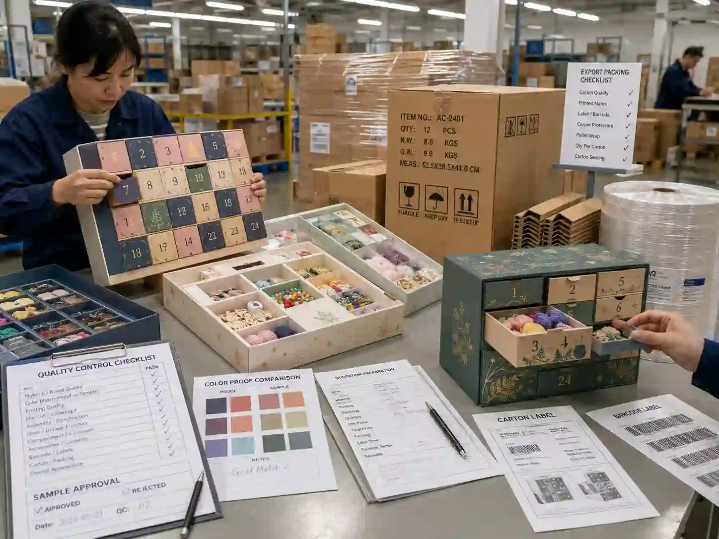 QC and export packing scene for craft kit advent calendar boxes with inspection checklist, cartons, pallet wrap, shipping marks, and quote documents