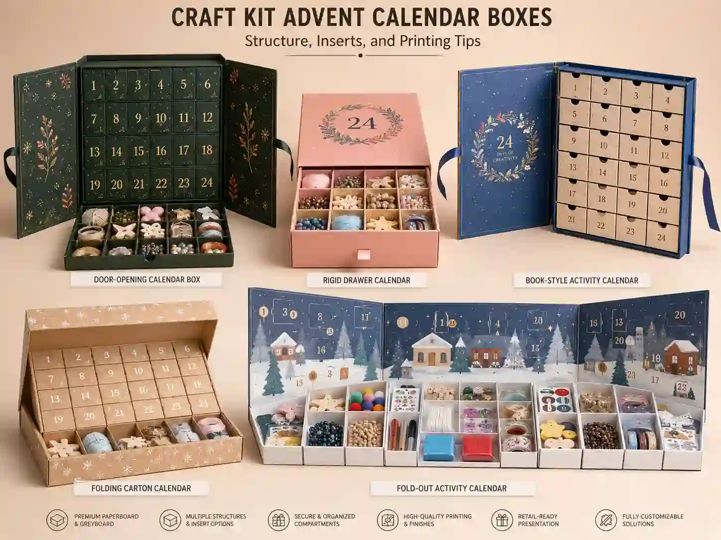 Finished craft kit advent calendar box structure comparison with fitted compartments and generic craft items