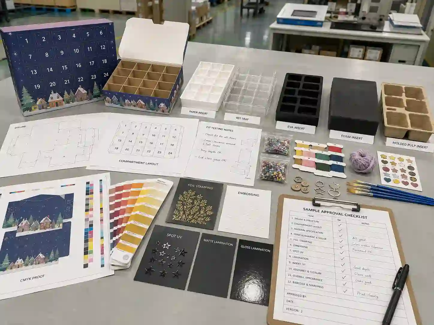 Craft kit advent calendar dieline, material swatches, insert samples, and artwork proof review on factory table