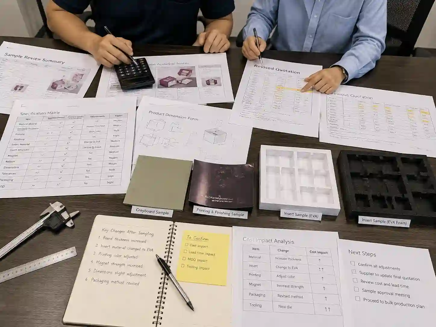 Packaging buyers reviewing quotation changes after advent calendar box sample approval with specification sheets and material samples.