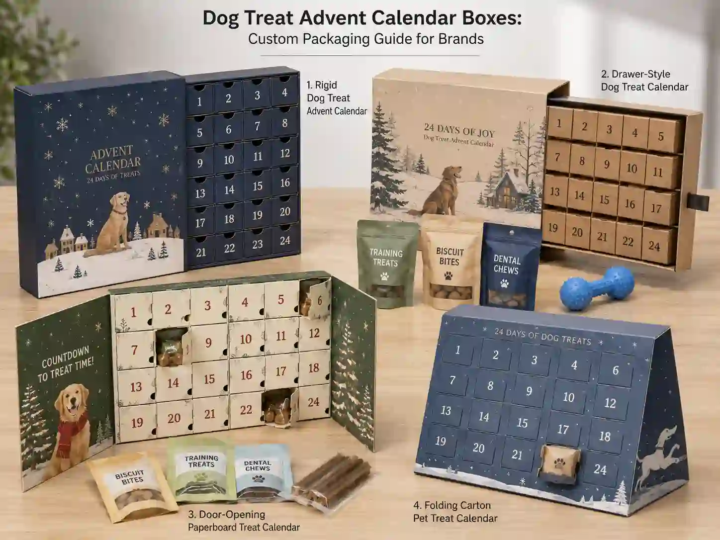 Finished dog treat advent calendar box samples comparing rigid, drawer, door-opening, and folding carton structures