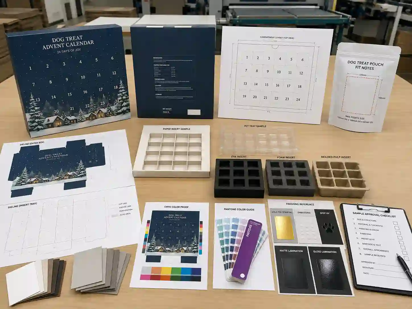 Dog treat advent calendar box development table with dielines, material swatches, insert samples, and artwork proofs