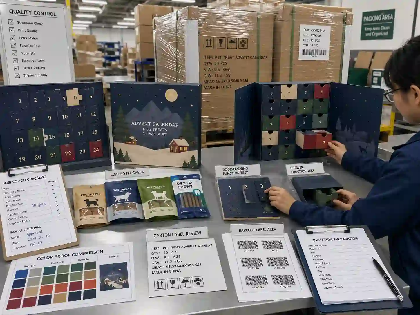 QC and export packing check for dog treat advent calendar boxes with cartons, shipping marks, and sample approval notes
