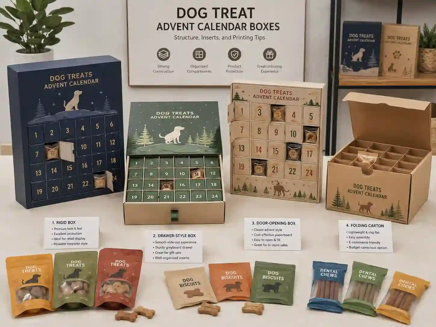 Finished dog treat advent calendar box structure comparison with rigid, drawer, door-opening, and folding carton samples