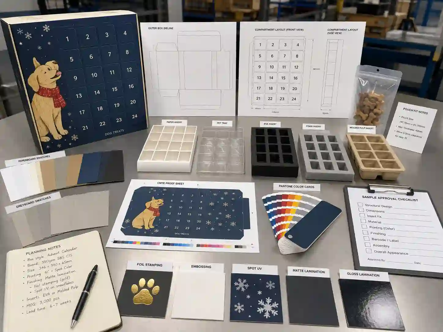 Dog treat advent calendar box dieline, insert samples, material swatches, and artwork proof review on a factory table