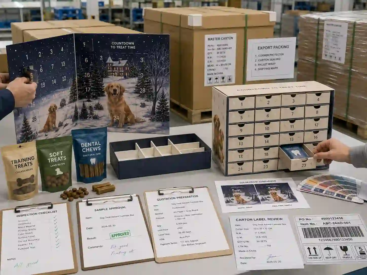 QC inspection and export packing review for dog treat advent calendar boxes with cartons and shipping marks