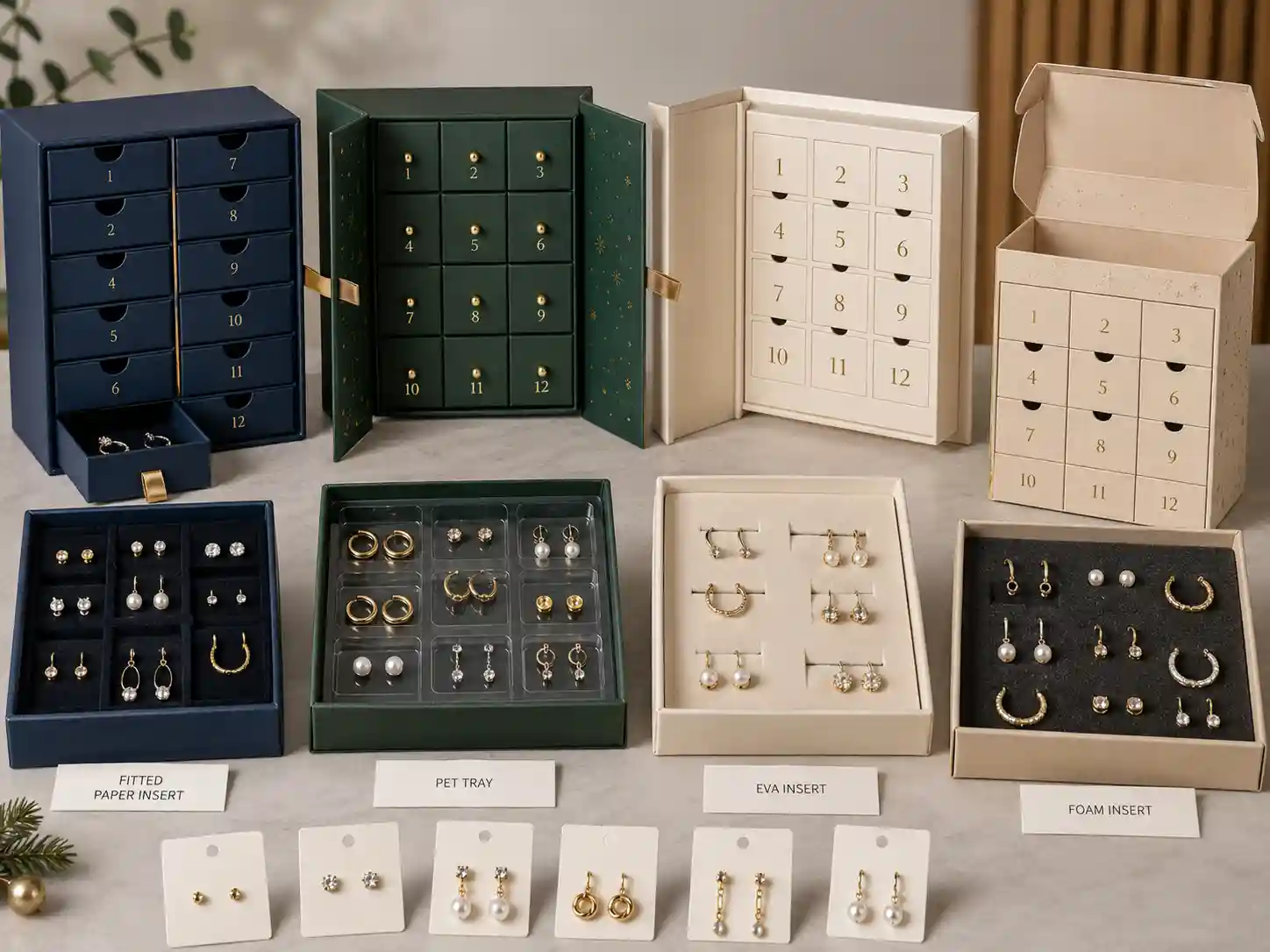 Finished earring advent calendar boxes with different structures and inserts for B2B custom packaging comparison