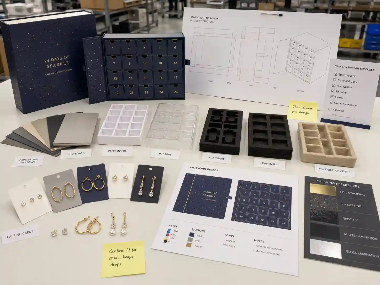 Factory planning table with dielines inserts material swatches and artwork proof for custom earring advent calendar boxes