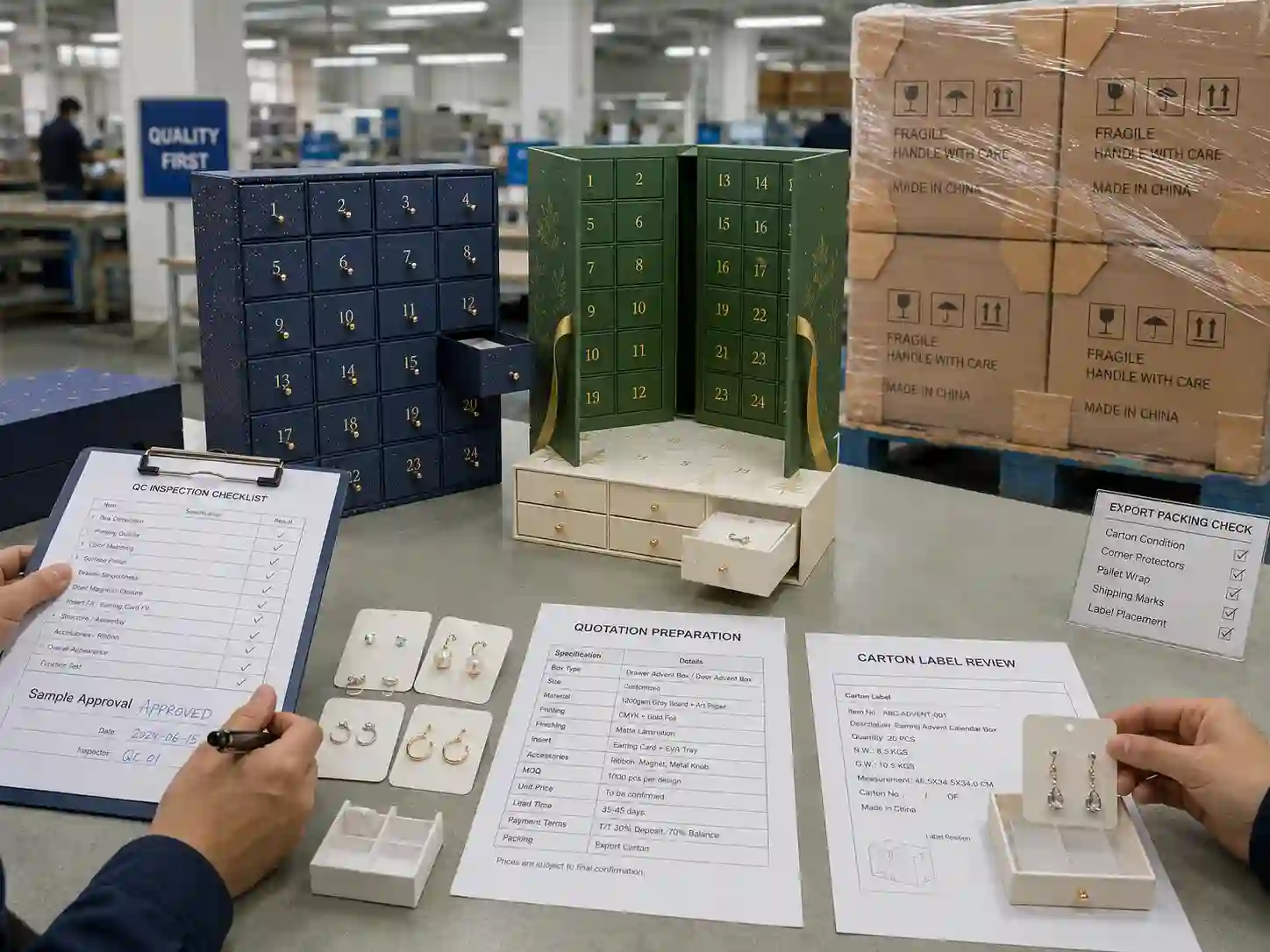 QC and export packing inspection for earring advent calendar boxes with cartons shipping marks and sample approval notes