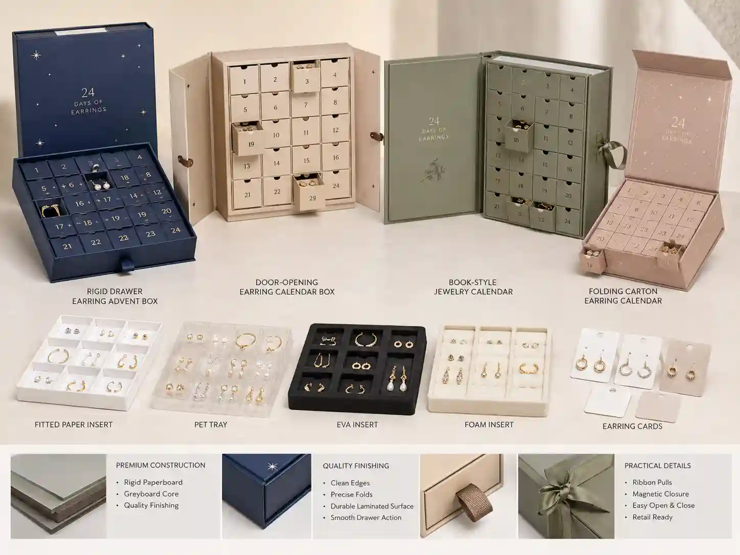 Finished sample comparison of earring advent calendar boxes with different structures and inserts