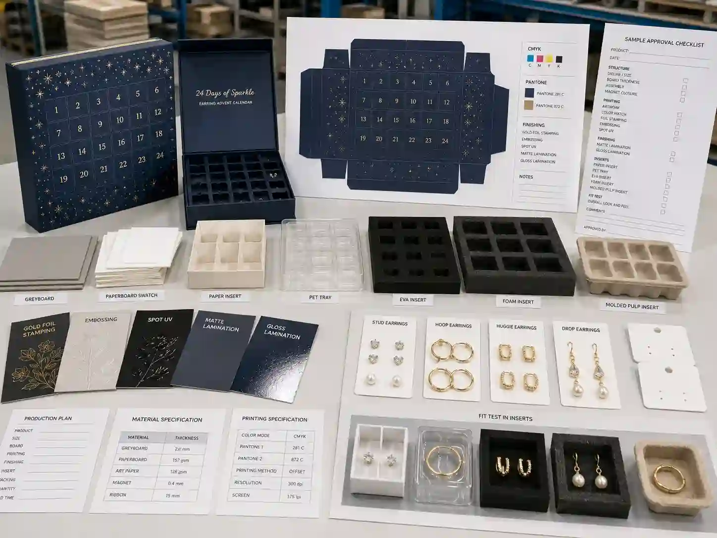 Factory planning table with earring advent calendar dielines, material swatches, inserts, and print proofs