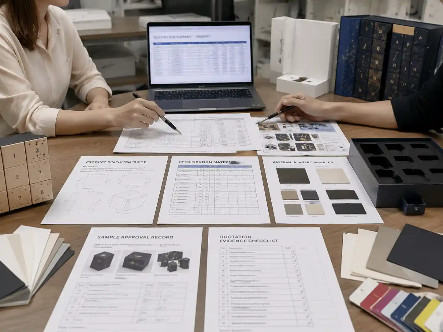 Packaging buyers reviewing supplier quotation evidence with specifications, samples, and approval records