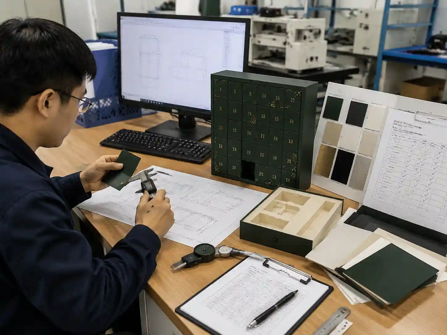 Packaging engineers verifying quotation assumptions through drawings, measurements, and samples