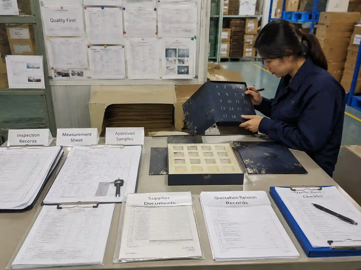 QC staff verifying supplier quotation evidence with inspection records and packaging documents