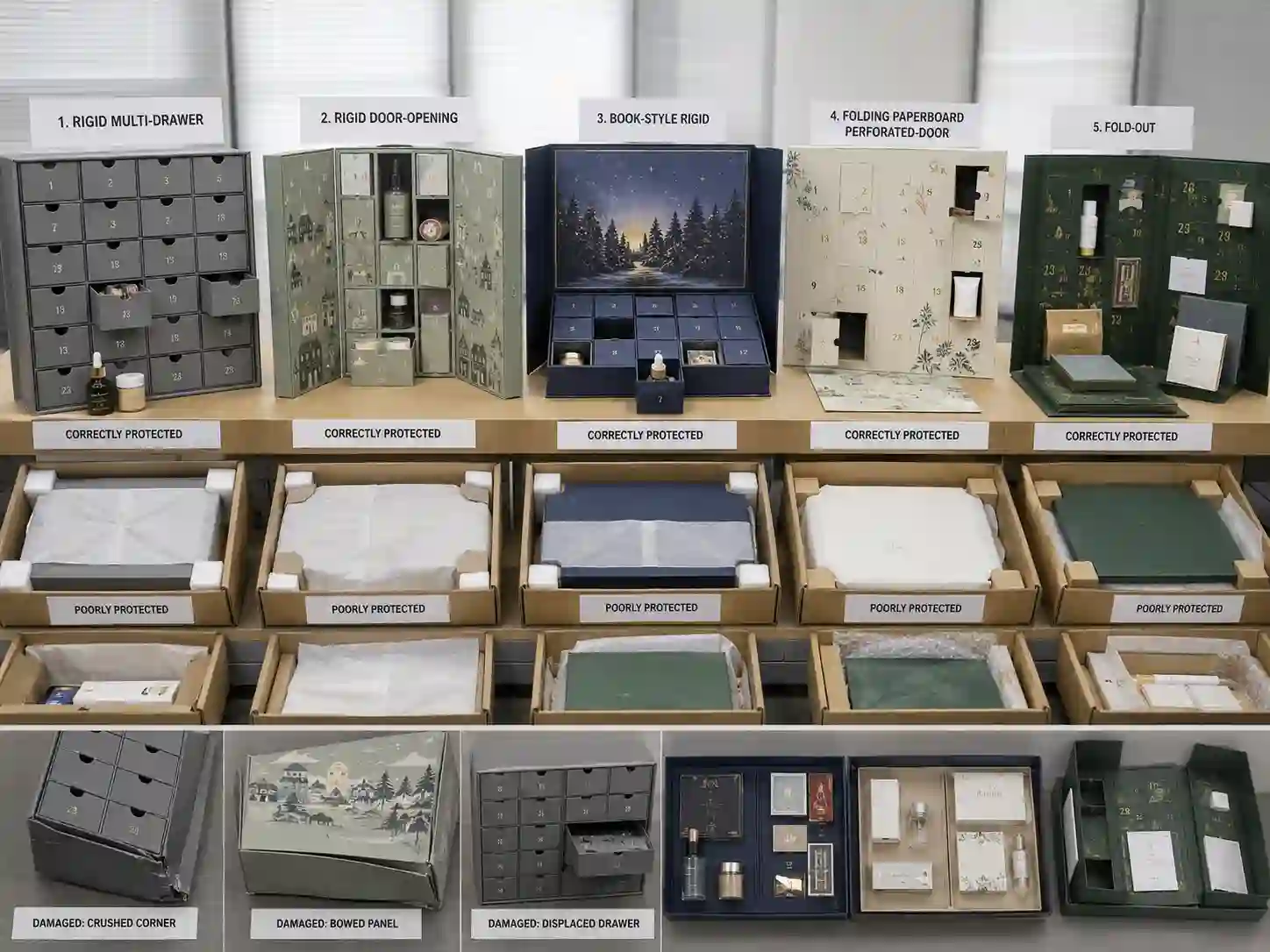 Comparison of rigid, drawer, door-opening, folding carton, and fold-out advent calendar boxes with export protection and shipping damage examples
