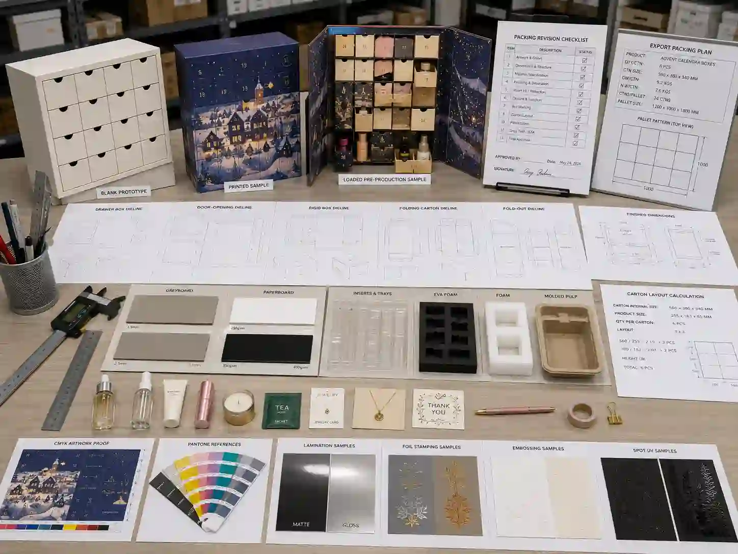 Advent calendar box development table with dielines, insert materials, artwork proofs, prototypes, export-carton calculations, and pallet plans
