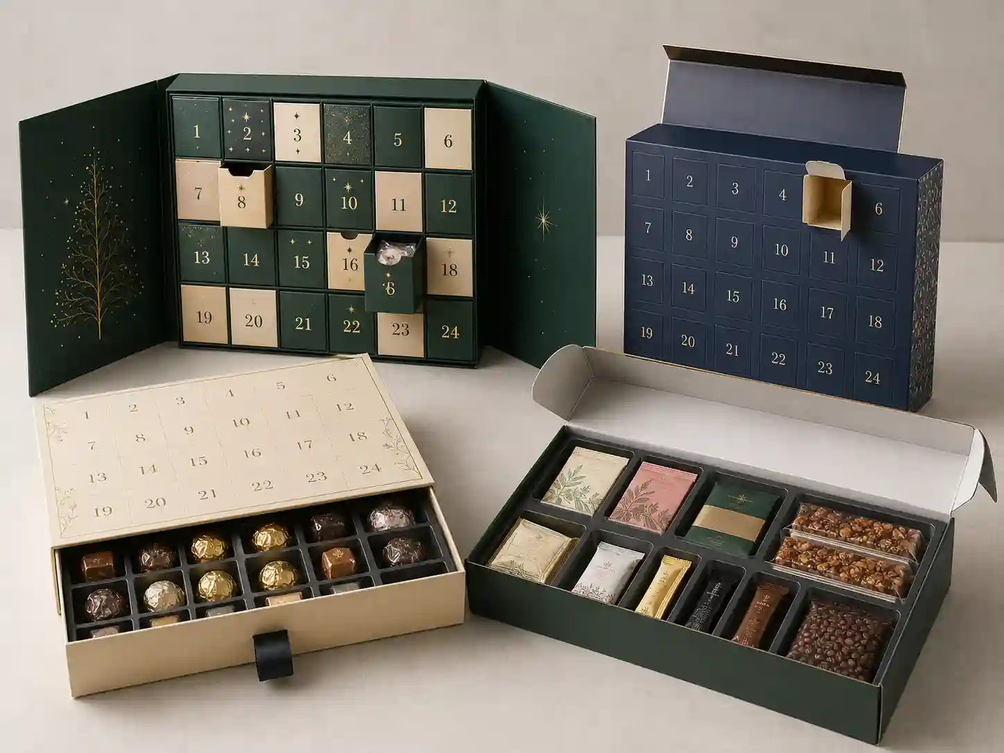 Finished food gift advent calendar boxes showing rigid, drawer, and folding carton structures with separated food items and inserts