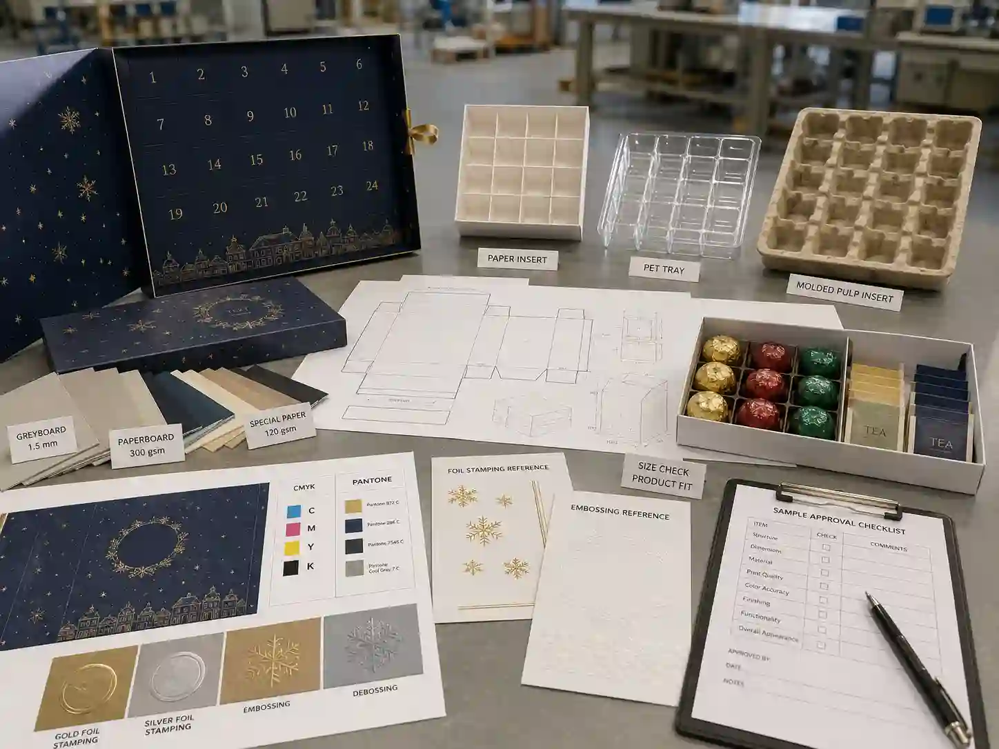 Food advent calendar box development table with dielines, material swatches, insert samples, artwork proof, and sample review checklist