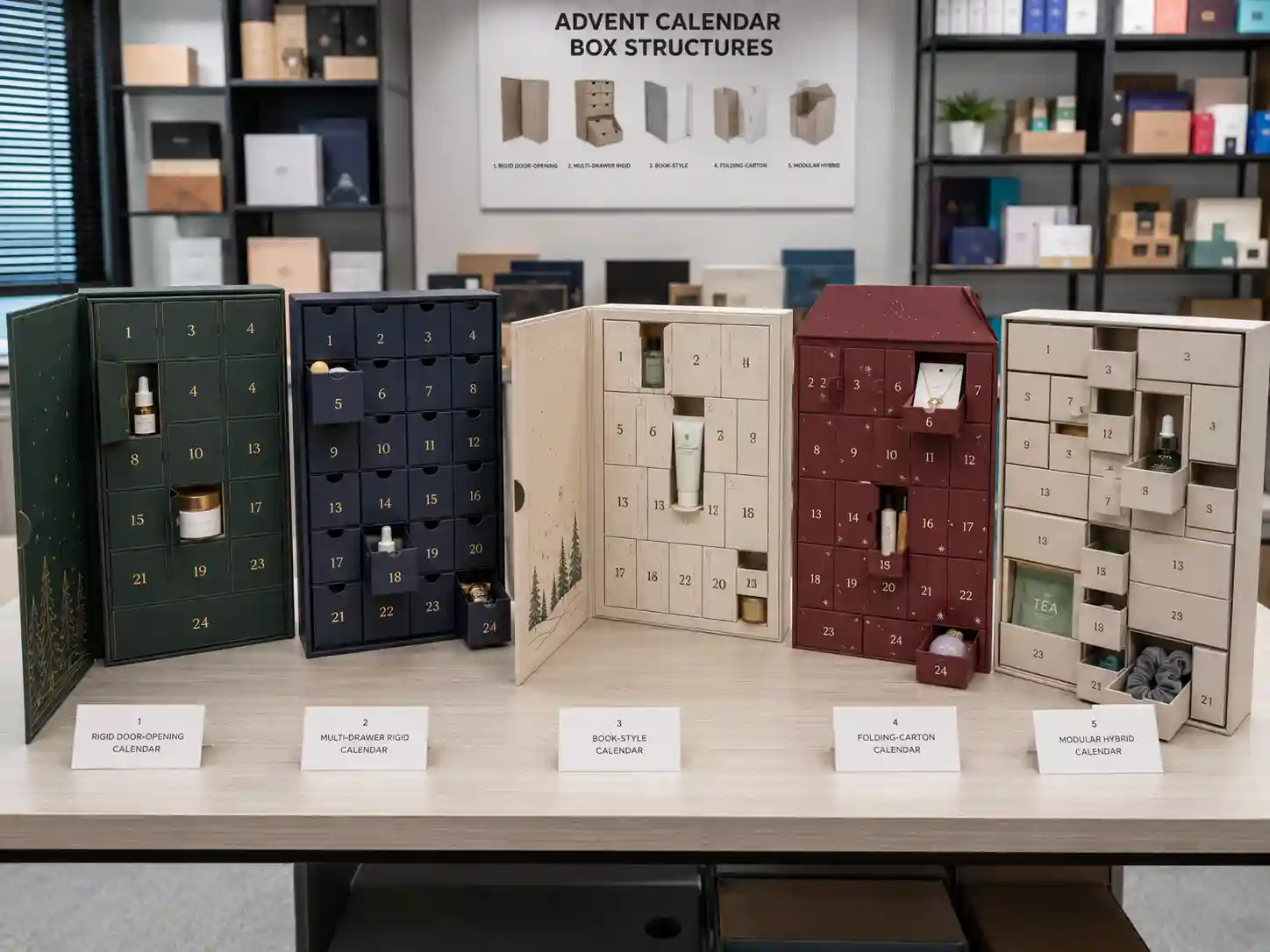 Finished custom advent calendar box structures compared in a B2B packaging sample room