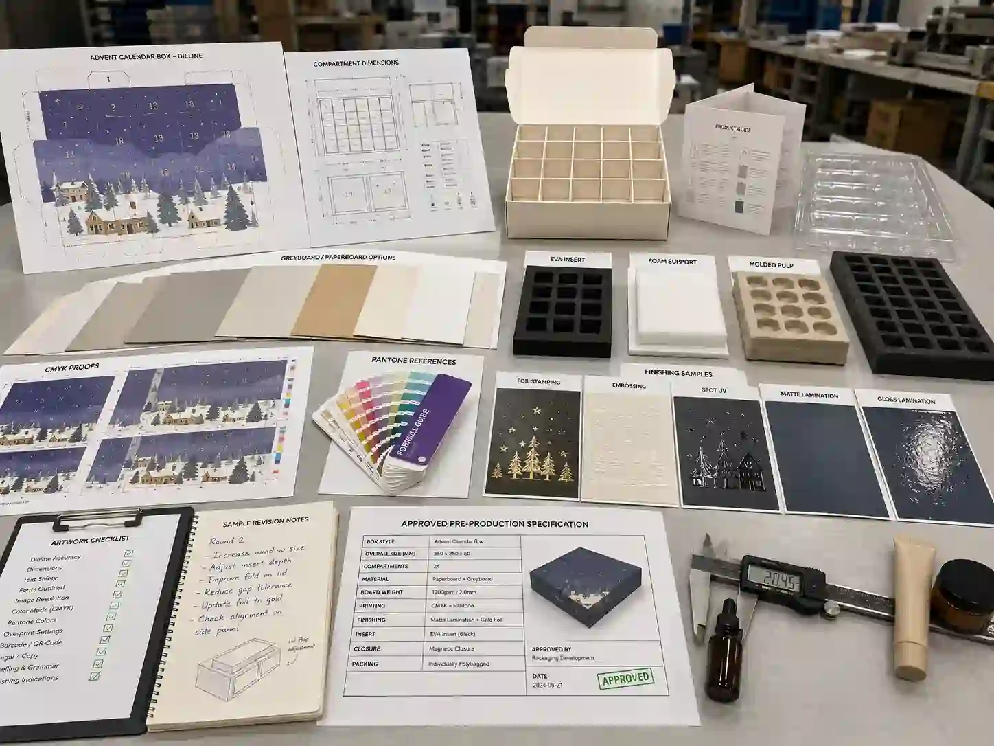 Custom advent calendar box dielines, materials, inserts, and artwork reviewed on a factory development table