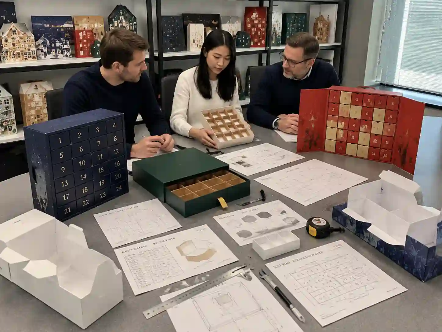 B2B buyers comparing advent calendar box structures and dimensions with measurement tools and prototype samples