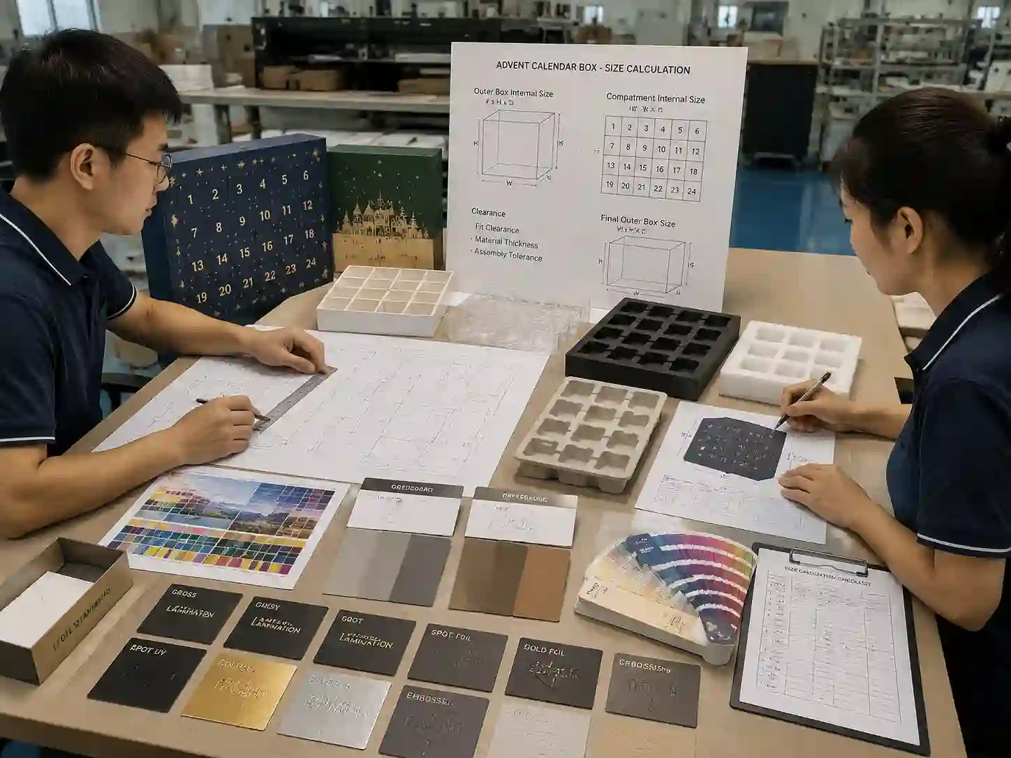 Packaging engineers calculating advent calendar box size using dielines, materials, inserts, and prototype samples