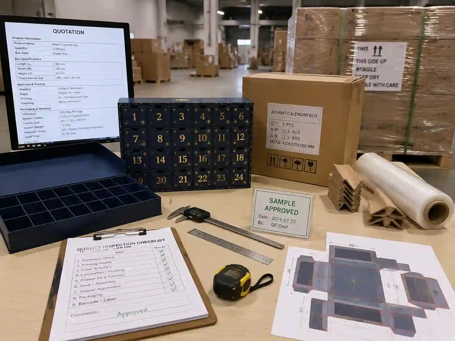 Quality control and export packing preparation for calculated advent calendar box dimensions