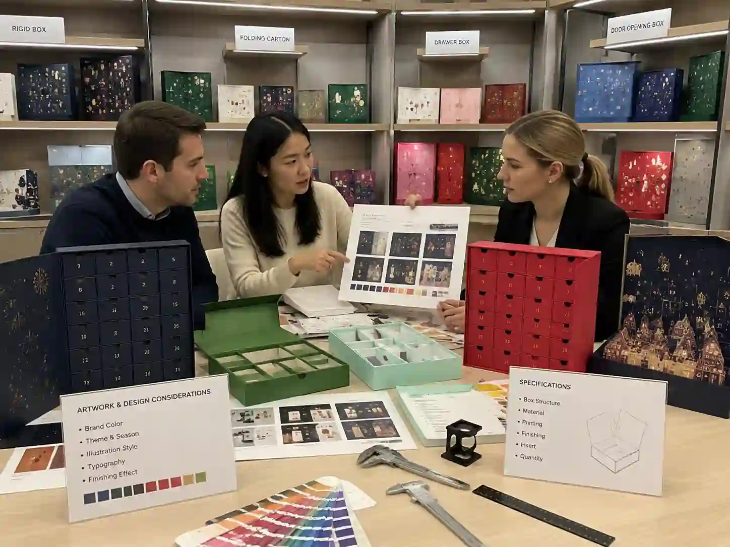 B2B buyers comparing advent calendar box structures and printed artwork samples before choosing packaging design